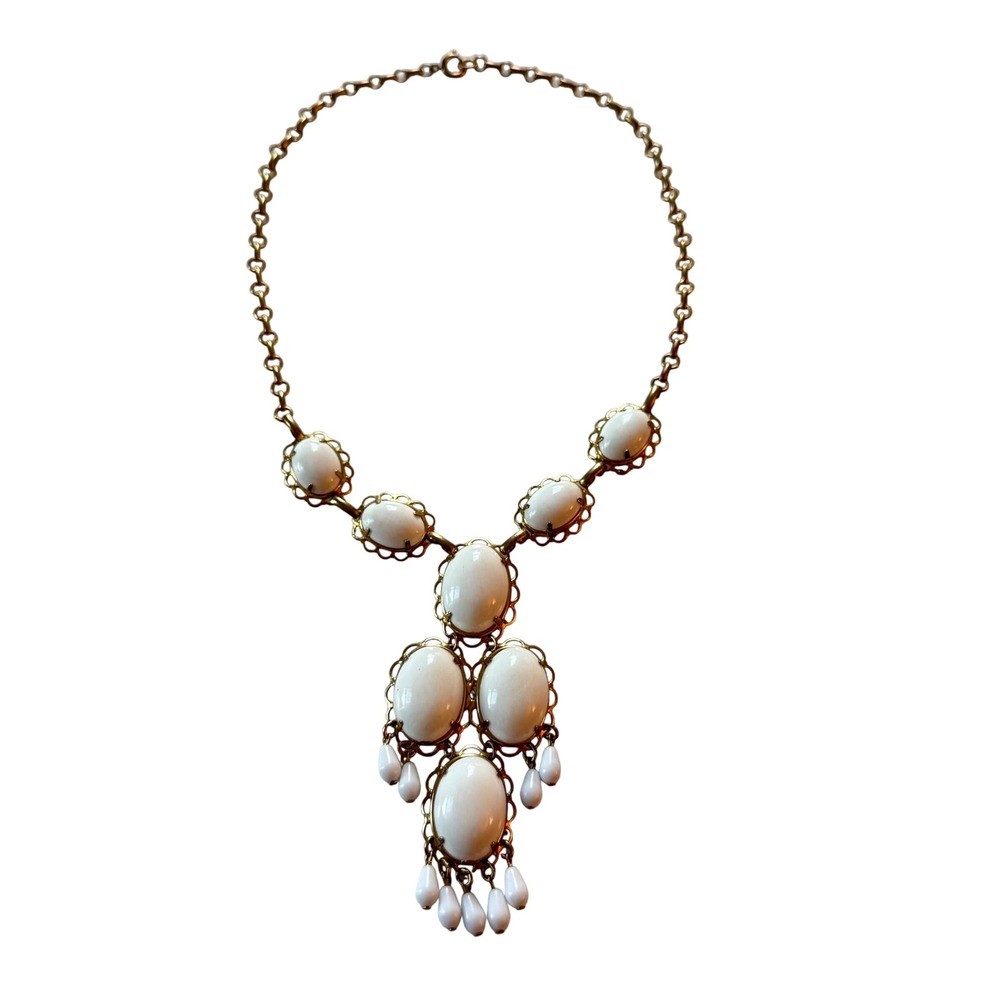 Vintage 1960s White Cabochon Statement Necklace Gold Tone Retro Boho Festival